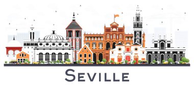 Seville İspanya Şehri Skyline 'ı ve Beyaz Renkli Binalar. Vektör İllüstrasyonu. Tarihi ve Modern Mimariyle Turizm Konsepti. Tarihi Simgeli Sevilla Şehir Manzarası.