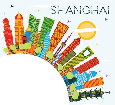 Shanghai China City Skyline, Renkli Binalar, Mavi Gökyüzü ve Kopyalama Uzayı. Vektör İllüstrasyonu. Modern Mimariyle İş Seyahatleri ve Turizm Konsepti. Tarihi Simgelerle Şangay Şehir Manzarası.