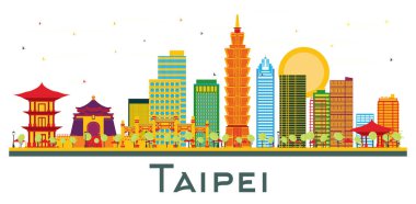 Taipei Tayvan Şehri Skyline 'ı ve beyaza izole edilmiş Renk Binaları. Vektör İllüstrasyonu. Modern Mimariyle İş Seyahatleri ve Turizm Konsepti. Taipei Şehir Manzarası.