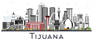 Tijuana Mexico City Skyline 'da beyaz renkli binalar izole edilmiş. Vektör İllüstrasyonu. Tarihi ve Modern Mimariyle Turizm Konsepti. Tarihi Simgeli Tijuana Şehir Manzarası.