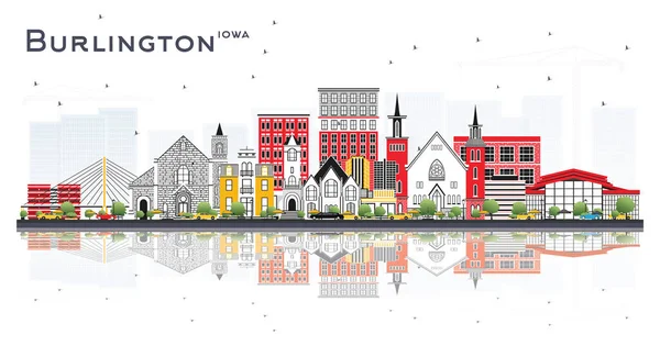 Burlington Iowa Skyline Con Edificios Color Reflexiones Aisladas Sobre Fondo — Vector de stock