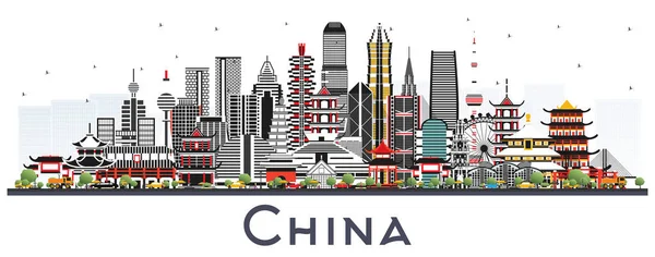 China City Skyline Met Grijze Gebouwen Geïsoleerd Wit Beroemde Bezienswaardigheden — Stockvector