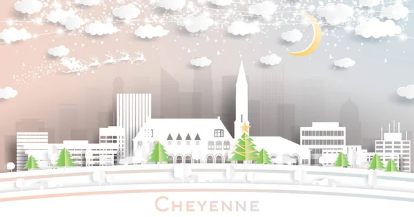 Cheyenne Wyoming Usa City Skyline Paper Cut Style Snowflakes Moon — стоковий вектор