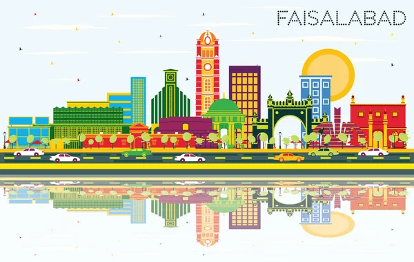 Фейсалабад Пакистан Місто Скайлайн Кольорами Будівель Блакитного Неба Роздумів Векторна — стоковий вектор