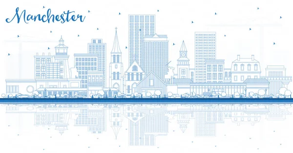 Очертите Манчестер Нью Гэмпшир Сити Skyline Голубыми Зданиями Рефлексами Векторная — стоковый вектор