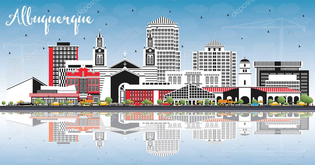 Albuquerque New Mexico City Skyline with Color Buildings, Blue Sky and Reflections. Vector Illustration. Albuquerque USA Cityscape with Landmarks. Travel and Tourism Concept with Modern Architecture.
