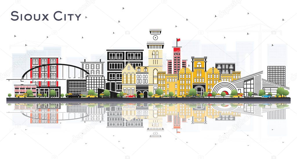 Sioux City Iowa Skyline with Color Buildings and Reflections Isolated on White Background. Vector Illustration. Business Travel and Tourism Illustration with Historic Architecture.