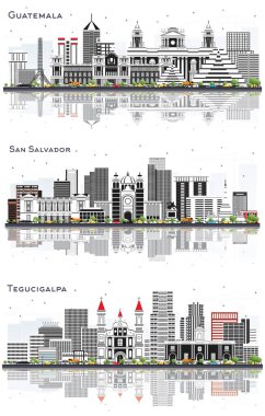 San Salvador, Tegucigalpa Honduras ve Guatemala City Skyline ile Gri Binalar ve Yansımalar Beyaz 'a izole edildi. Modern Mimariyle İş Seyahatleri ve Turizm Konsepti. Yer İmlerine sahip şehir manzarası.