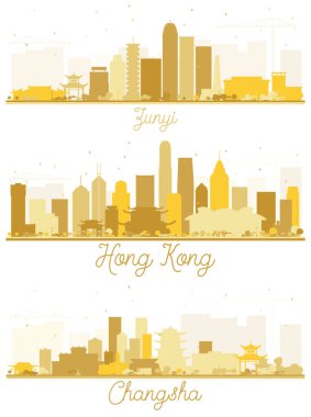 Changsha, Zunyi ve Hong Kong şehrinin siluetleri altın rengi. Turizm sunumu, afiş, pankart veya web sitesi için basit düz konsept. Şehir simgelerine sahip şehirler.