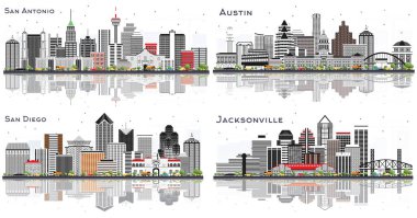 San Antonio ve Austin Teksas, Jacksonville Florida, San Diego California Skylines ve Gri Binalar ve Yansımalar Beyazlar 'da izole edildi. Modern Mimariyle İş Seyahatleri ve Turizm Konsepti. Şehir simgelerine sahip şehirler. 