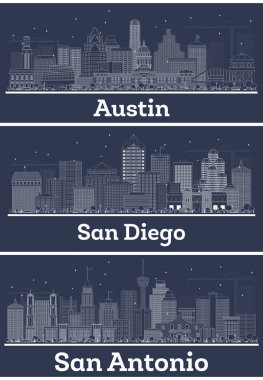 Ana hatları San Diego California, San Antonio ve Austin Texas City Skylines olan Beyaz Binalar. Tarihi Mimariyle İş Seyahati ve Turizm Konsepti. Şehir simgelerine sahip şehirler. 