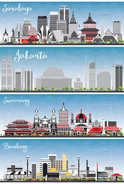 Cakarta, Bandung, Surabaya ve Semarang Endonezya City Skylines ile birlikte Renkli Binalar ve Mavi Gökyüzü. Modern Mimariyle İş Seyahatleri ve Turizm Konsepti. Şehir simgelerine sahip şehirler. 
