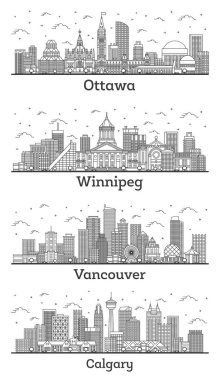 Ana hatları Vancouver, Winnipeg, Calgary ve Ottawa Canada City Skylines olan Modern Binalar White 'ta izole edildi. Şehir simgelerine sahip şehirler. 
