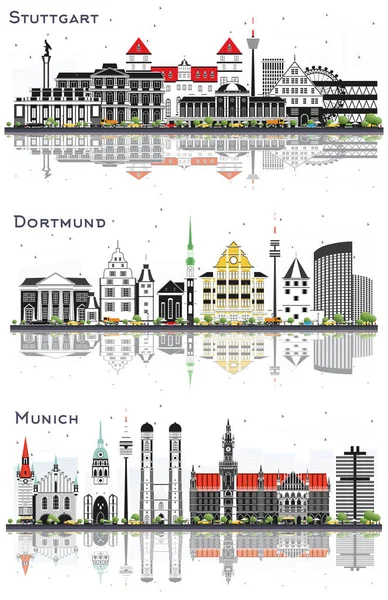 Dortmund München Stuttgart City Skyline Väri Rakennukset Heijastukset Eristetty Valkoinen — kuvapankkivalokuva