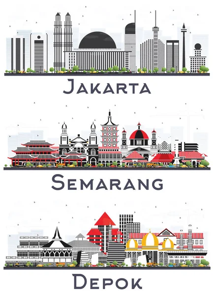 Trzy Indonezyjskie Miasta Semarang Jakarta Depok City Skyline Kolorowymi Budynkami — Zdjęcie stockowe