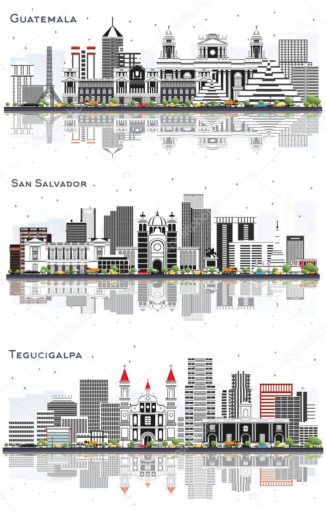 San Salvador, Tegucigalpa Honduras and Guatemala City Skyline with Gray Buildings and Reflections Isolated on White. Business Travel and Tourism Concept with Modern Architecture. Cityscape with Landmarks.