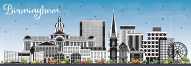 Birmingham UK City Skyline ile Color Buildings ve Blue Sky. Vektör İllüstrasyonu. Birmingham Şebekesi 'nin simgeleri. Tarihi Mimariyle İş Seyahati ve Turizm Konsepti.