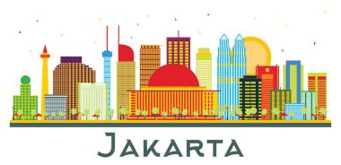 Cakarta Endonezya Şehri Skyline 'ı ve Beyaz Renk Binaları. Vektör İllüstrasyonu. Tarihi Mimariyle İş Seyahati ve Turizm Konsepti. Tarihi yerleri olan Jakarta Şehir Manzarası.
