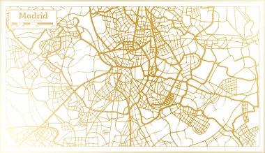 Madrid İspanya Şehir Haritası Altın Renkli Retro Style. Taslak Harita. Vektör İllüstrasyonu.