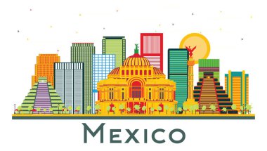Mexico City Skyline ve White 'da izole edilmiş renkli binalar. Vektör İllüstrasyonu. Tarihi Mimariyle İş Seyahati ve Turizm Konsepti. Meksiko Şehir Manzarası.