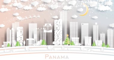 Panama City Skyline 'da Kar Taneleri, Ay ve Neon Garland ile Kağıt Kesiği Tarzı. Vektör İllüstrasyonu. Noel ve Yeni Yıl Kavramı. Noel Baba Kızakta.
