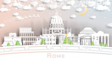 Kartaneleri, Ay ve Neon Garland ile Roma İtalya Kağıt Kesiği Stili Skyline. Vektör İllüstrasyonu. Noel ve Yeni Yıl Kavramı. Noel Baba Kızakta.
