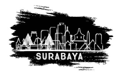 Surabaya Endonezya Şehri Skyline Silhouette. El çizimi çizimi. Tarihi Mimariyle İş Seyahati ve Turizm Konsepti. Vektör İllüstrasyonu. Simgeli Surabaya Şehir Manzarası.