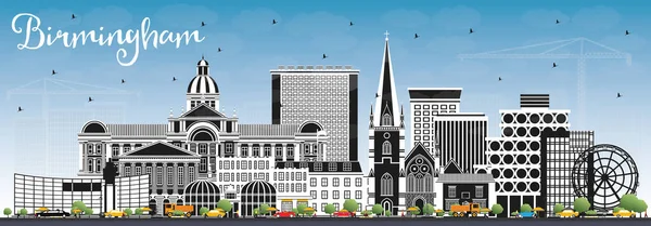 伯明翰英国城市天际线与色彩建筑和蓝天 病媒说明 伯明翰城市景观与地标 具有历史建筑的商务旅行和旅游概念 — 图库矢量图片