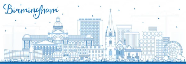 Esquema Birmingham Reino Unido City Skyline Con Edificios Azules Ilustración — Vector de stock