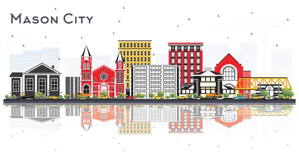 Mason City Iowa Skyline Kolorowymi Budynkami Refleksjami Białym Tle Ilustracja — Wektor stockowy