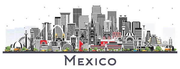 México Skyline Com Edifícios Cinzentos Isolados Branco Ilustração Vetorial Conceito — Vetor de Stock