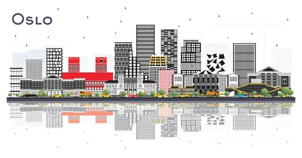 Oslo Norway Skyline Gray Buildings Reflections Isolated White Англійською Векторна — стоковий вектор