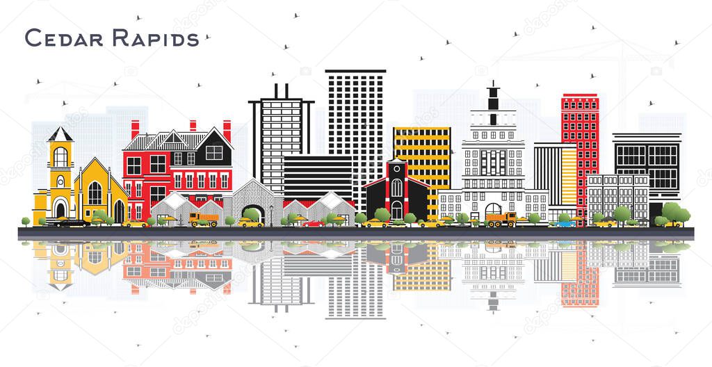 Cedar Rapids Iowa Skyline with Color Buildings and Reflections Isolated on White Background. Vector Illustration. Business Travel and Tourism Illustration with Historic Architecture.