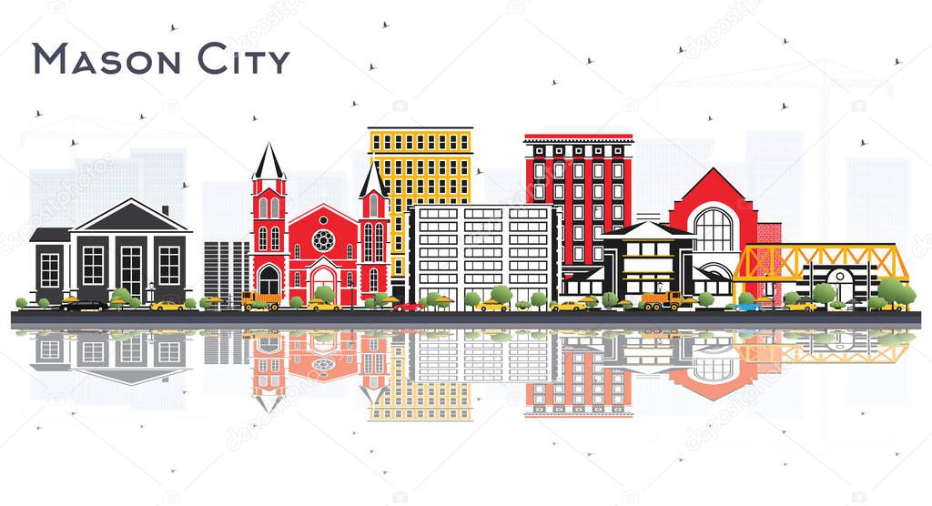 Mason City Iowa Skyline with Color Buildings and Reflections Isolated on White. Vector Illustration. Business Travel and Tourism Illustration with Historic Architecture.