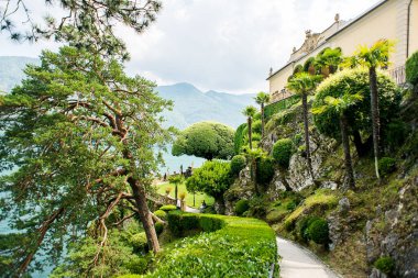 Villa Balbianello 'da. Como Gölü. İtalya - 19 Temmuz 2019: Como Gölü 'ndeki Villa del Balbianello' da, Bahçedeki Meşhur Ağaca Giden Yol. İtalya.