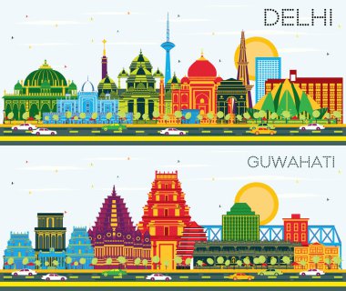 Guwahati ve Delhi India City Skylines ile birlikte Renkli Binalar ve Mavi Gökyüzü. Tarihi Mimariyle İş Seyahati ve Turizm Konsepti. Şehir simgelerine sahip şehirler.
