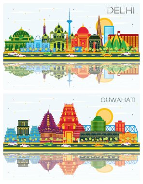 Guwahati ve Delhi India City Skylines ile birlikte Renkli Binalar, Mavi Gökyüzü ve Yansımalar. Vektör İllüstrasyonu. Tarihi Mimariyle İş Seyahati ve Turizm Konsepti. Şehir simgelerine sahip şehirler.