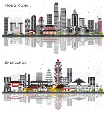 Zhengzhou ve Hong Kong Çin Şehri 'nin siluetleri gri binalar ve beyaza izole edilmiş yansımalarla dolu. Modern Mimariyle İş Seyahatleri ve Turizm Konsepti. Şehir simgelerine sahip şehirler.
