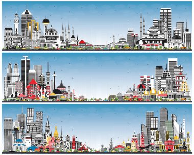 Rusya, Endonezya ve Türkiye 'de Gray Buildings ve Blue Sky ile Skylines. Tarihi Mimariyle Turizm Konsepti. Şehir simgeleriyle dolu şehir manzaraları. Jakarta. Surabaya. Bekasi. Bandung. Moskova. Aziz Petersburg. Ankara mı? İstanbul.