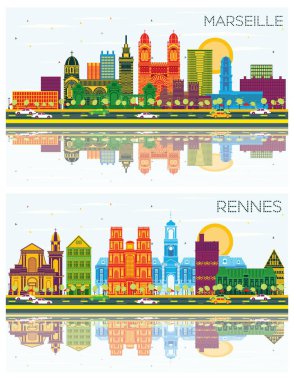 Rennes ve Marsilya Fransa City Skylines ile Gray Buildings, Blue Sky ve Reflections. Tarihi Mimariyle İş Seyahati ve Turizm Konsepti. Şehir simgelerine sahip şehirler. 