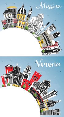 Verona ve Messina Sicilya City Skylines ile birlikte Renkli Binalar, Mavi Gökyüzü ve Kopya Uzay. Modern Mimariyle İş Seyahati ve Kavram. Şehir simgelerine sahip şehirler.