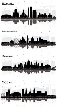 Saransk, Sochi, Samara ve Rostov-on-Don Rusya Şehri siluetleri ile Siyah Binalar ve Yansımalar Beyazın Üzerinde İzole Edildi. Modern Mimariyle Seyahat ve Turizm Konsepti. Şehir simgelerine sahip şehirler.