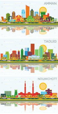 Taguig Filipinleri, Nouakchott Moritania ve Amman Jordan City Skyline ile Renkli Binalar, Mavi Gök ve Yansımalar. Modern Mimariyle İş Seyahatleri ve Turizm Konsepti. Yer İmlerine sahip şehir manzarası.