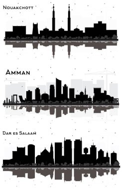 Dar Es Salaam Tanzanya, Amman Jordan ve Nouakchott Mauritania City Skylines Silhouette ve Siyah Binalar ve Beyaz Yansımalar. İş Seyahat ve Turizm Konsepti. Şehir simgelerine sahip şehirler.