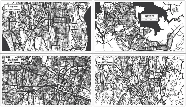 Карты Городов Батам Богор Денпасар Фази Индонезии Черно Белом Цвете — стоковое фото