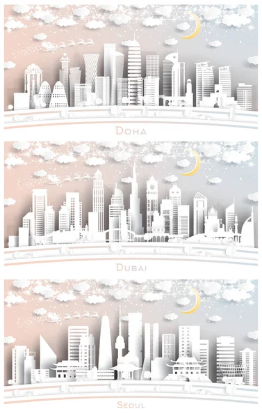 Seoul South Korea, Dubai UAE and Doha Qatar City Skyline in Paper Cut Style with Snowflakes, Moon and Neon Garland. Christmas and New Year Concept. Santa Claus on Sleigh.