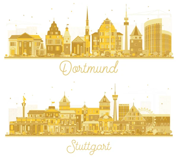 Stuttgart Dortmund Germany City Skyline Silhouettes Com Edifícios Dourados Isolados — Fotografia de Stock