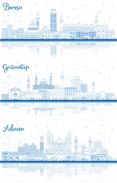 Adana Bursa和Gaziantep土耳其城市蓝楼天际线和反光轮廓 商务旅行与历史建筑的概念 具有地标的城市景观 — 图库照片