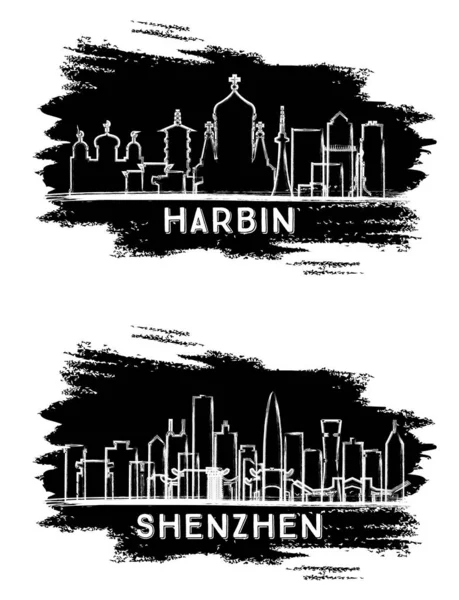 Shenzhen Harbin China City Skyline Silhouettes Boceto Dibujado Mano Concepto — Foto de Stock