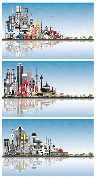 Ana hatları Kuveyt ve Manama Bahreyn Şehri Skylines ve Renk Binaları beyaza izole edilmiş. Şehir simgelerine sahip şehirler. 